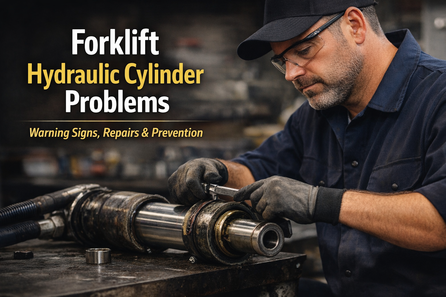 Technician rebuilding a forklift hydraulic cylinder during repair service