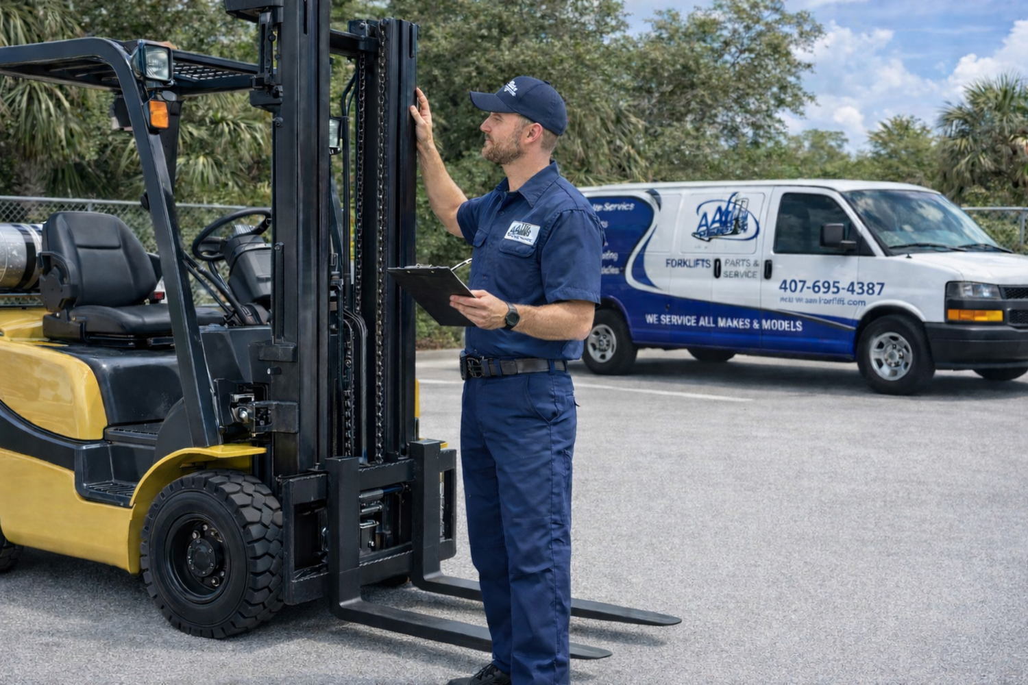 AAA Forklifts technician inspecting a forklift