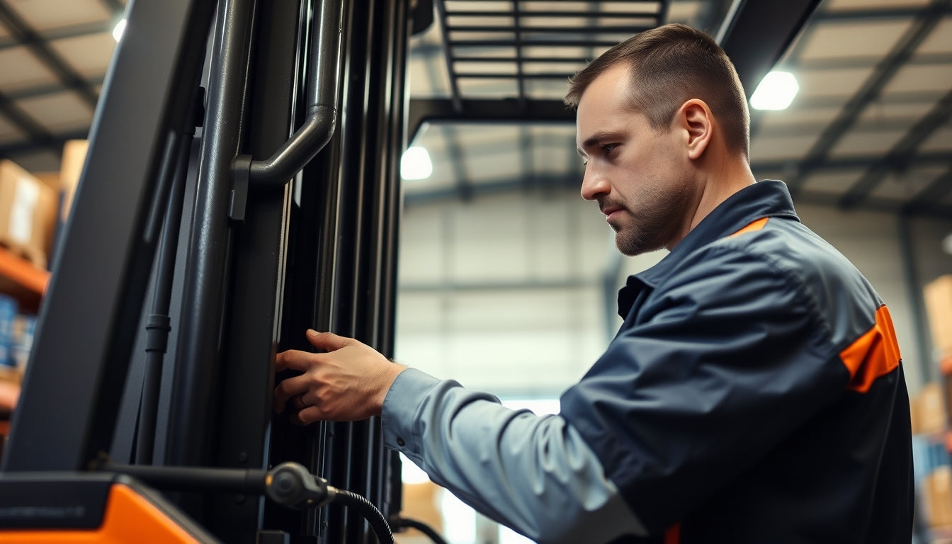 Mechanic inspecting forklift in warehouse