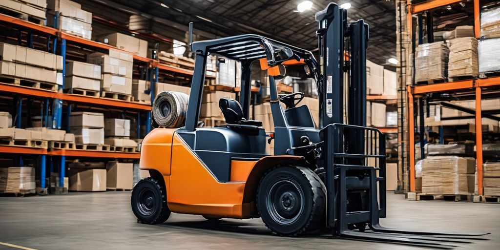 Used forklift in a warehouse with pallets.