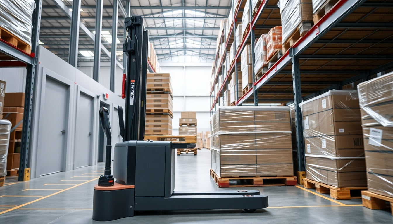 Electric pallet mover operating in a busy warehouse environment.