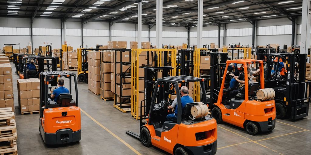 Forklifts operating in a busy warehouse