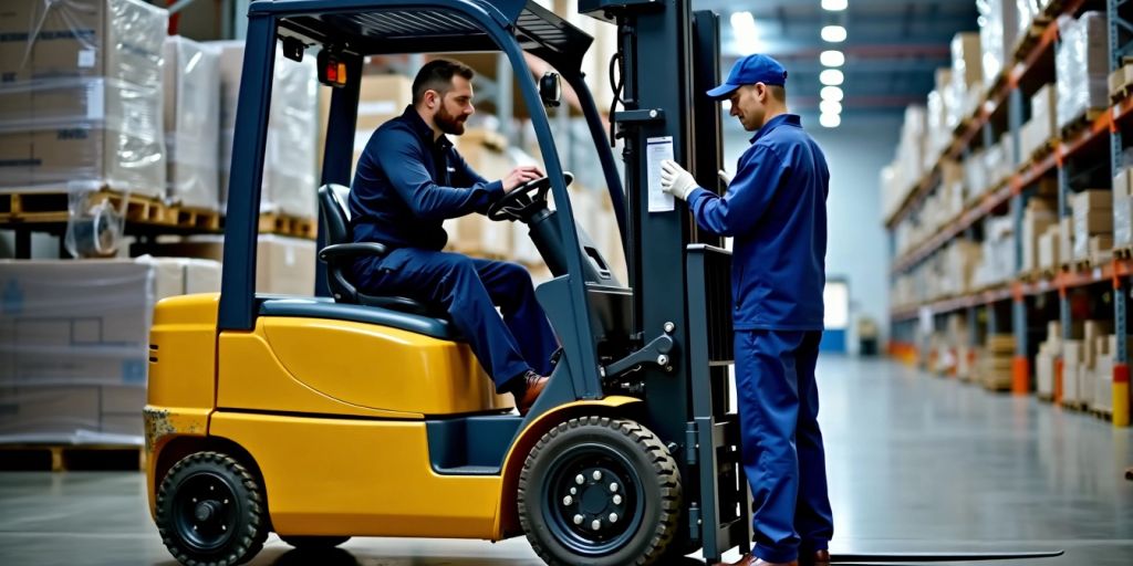 Mechanic servicing a forklift in a warehouse