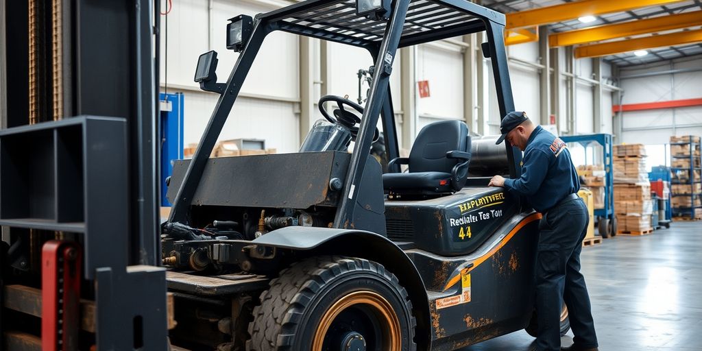 Mechanic maintaining a forklift in a warehouse