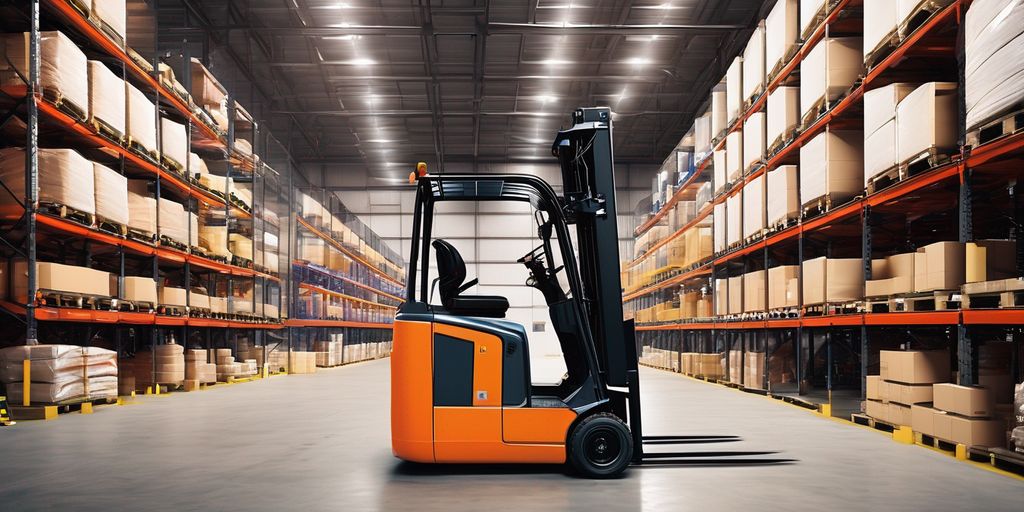 Forklift with attachments in a warehouse