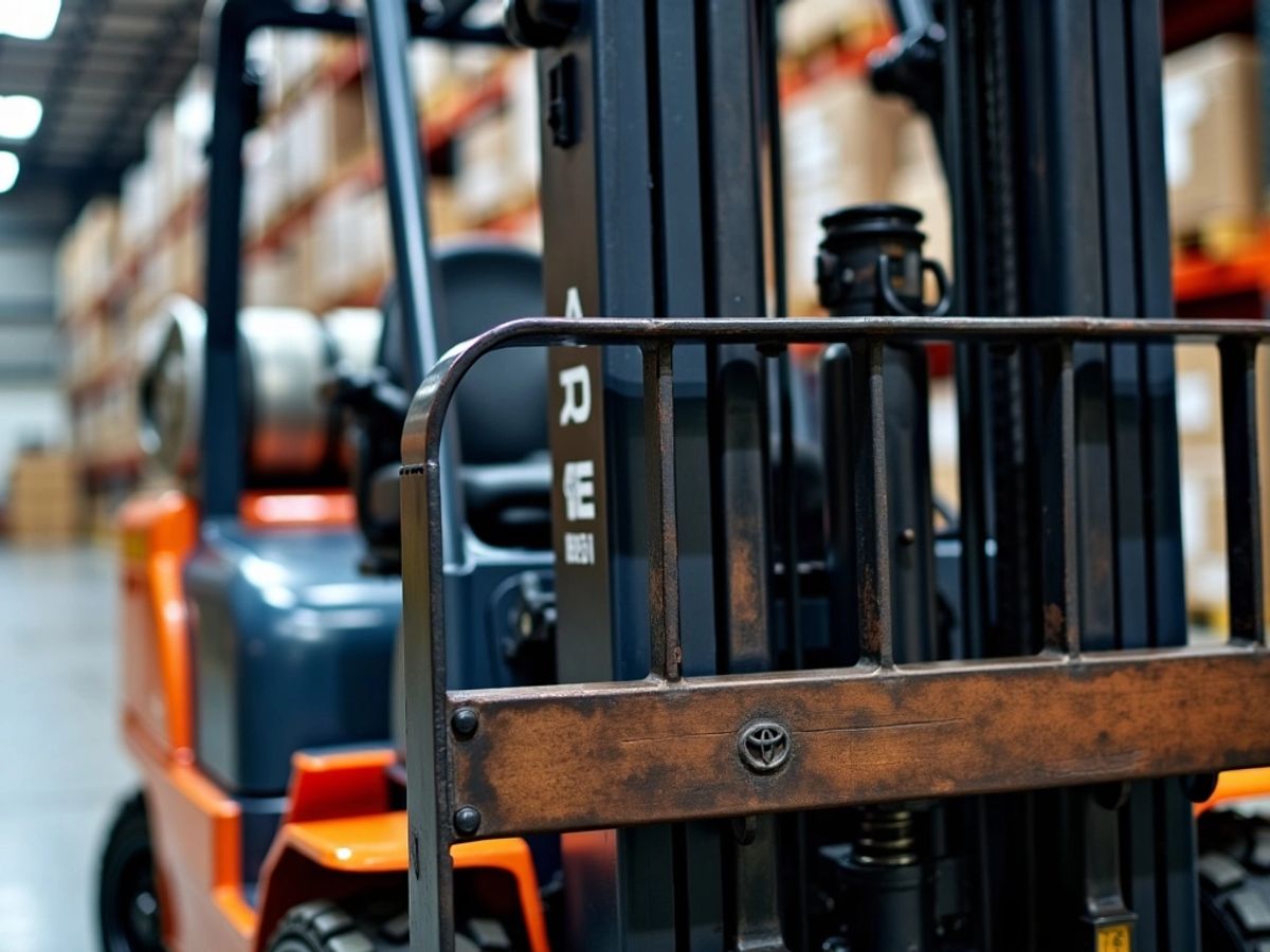 Toyota forklift in a warehouse with visible exhaust pipes.