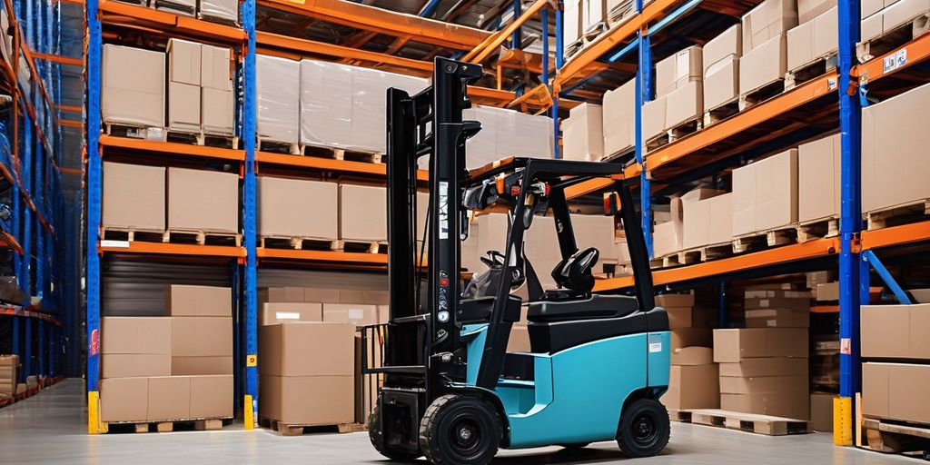 stand up forklift in warehouse