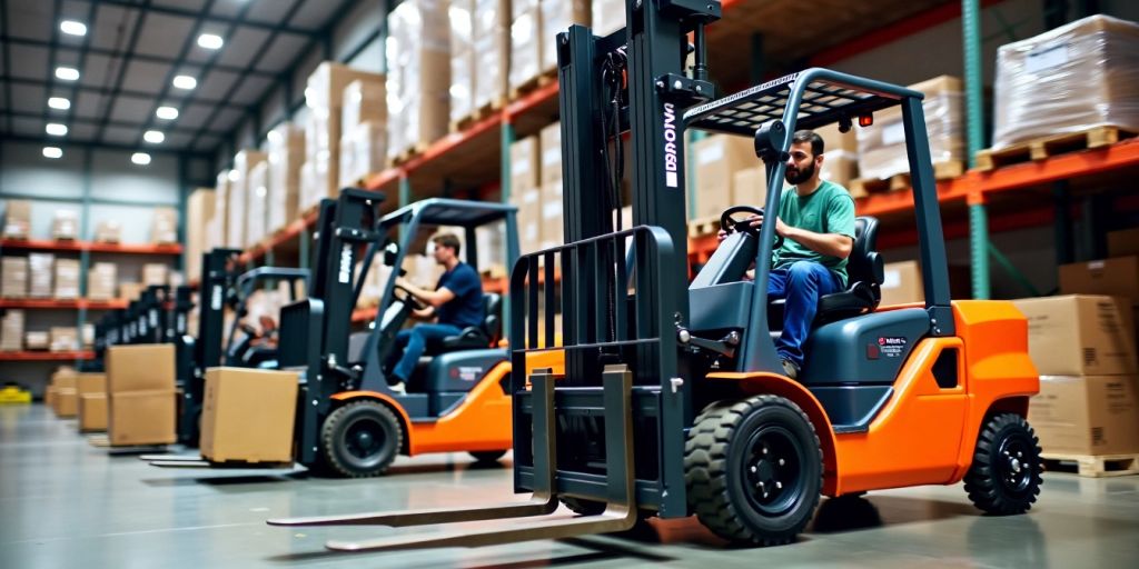 Warehouse forklifts with various attachments