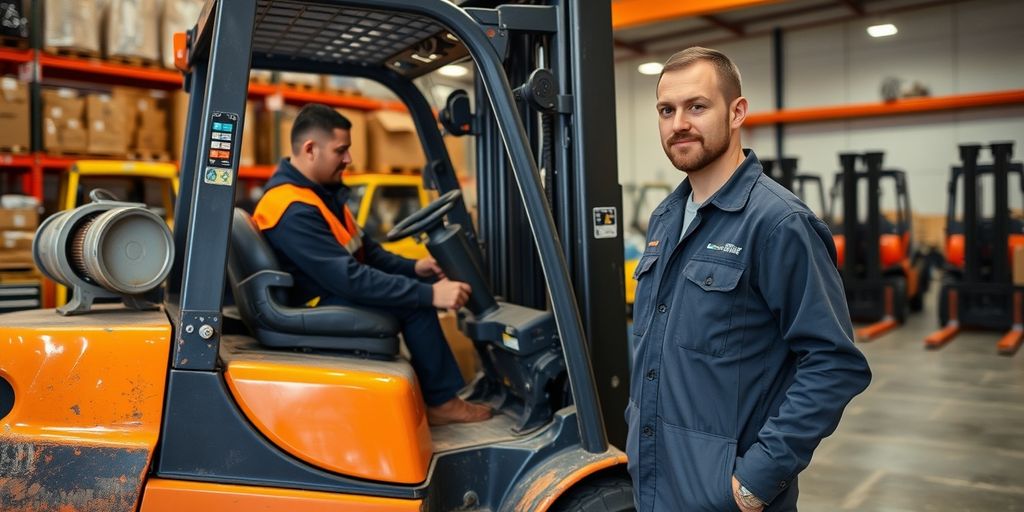 Technician inspecting forklift in warehouse