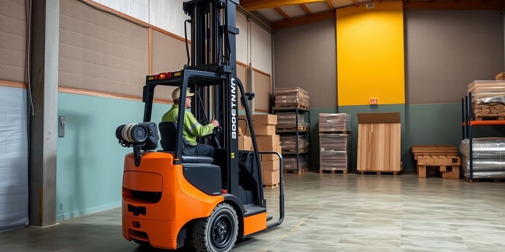 Forklift in a soundproofed warehouse