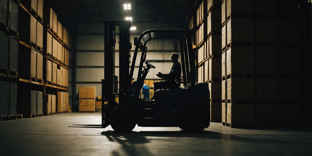 Forklift in warehouse with shadowy figure