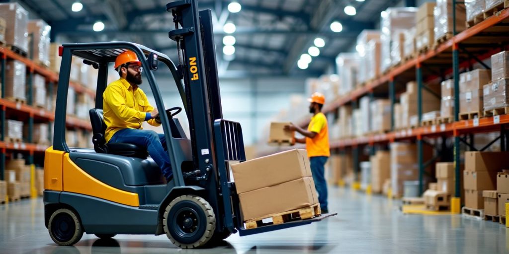 Forklift lifting pallets in a warehouse