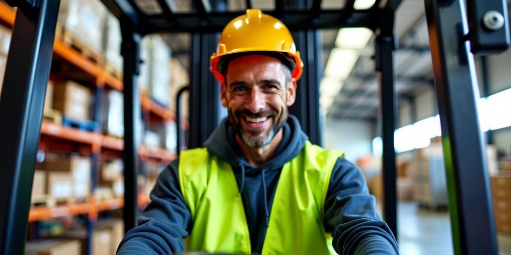 Forklift operator in warehouse with safety gear