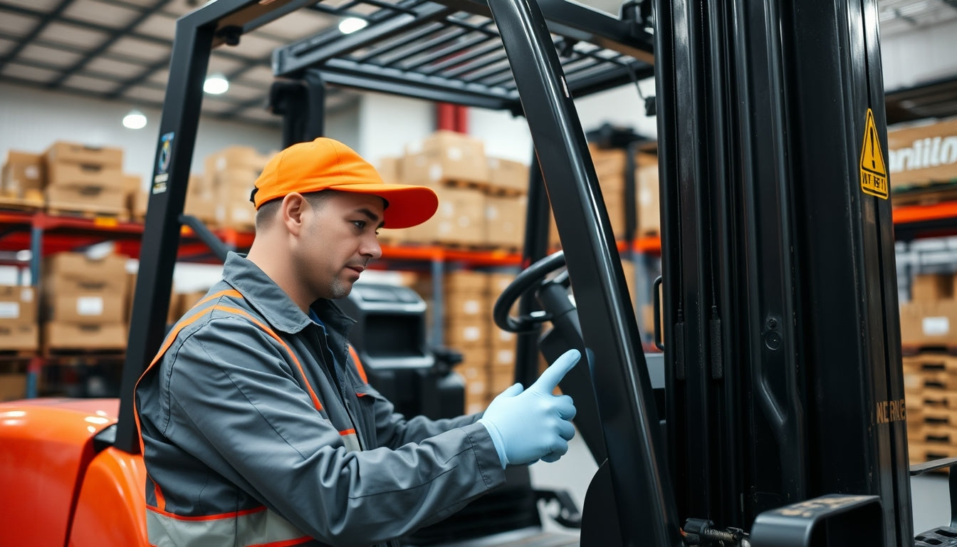 Technician inspecting forklift for safety and maintenance.