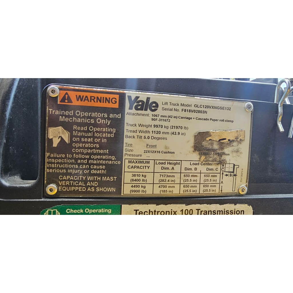 2015 Yale GLC120VX 12,000 lb. LPG Forklift w/ Sideshift & Cushion Tires 282.4’H - Forklifts