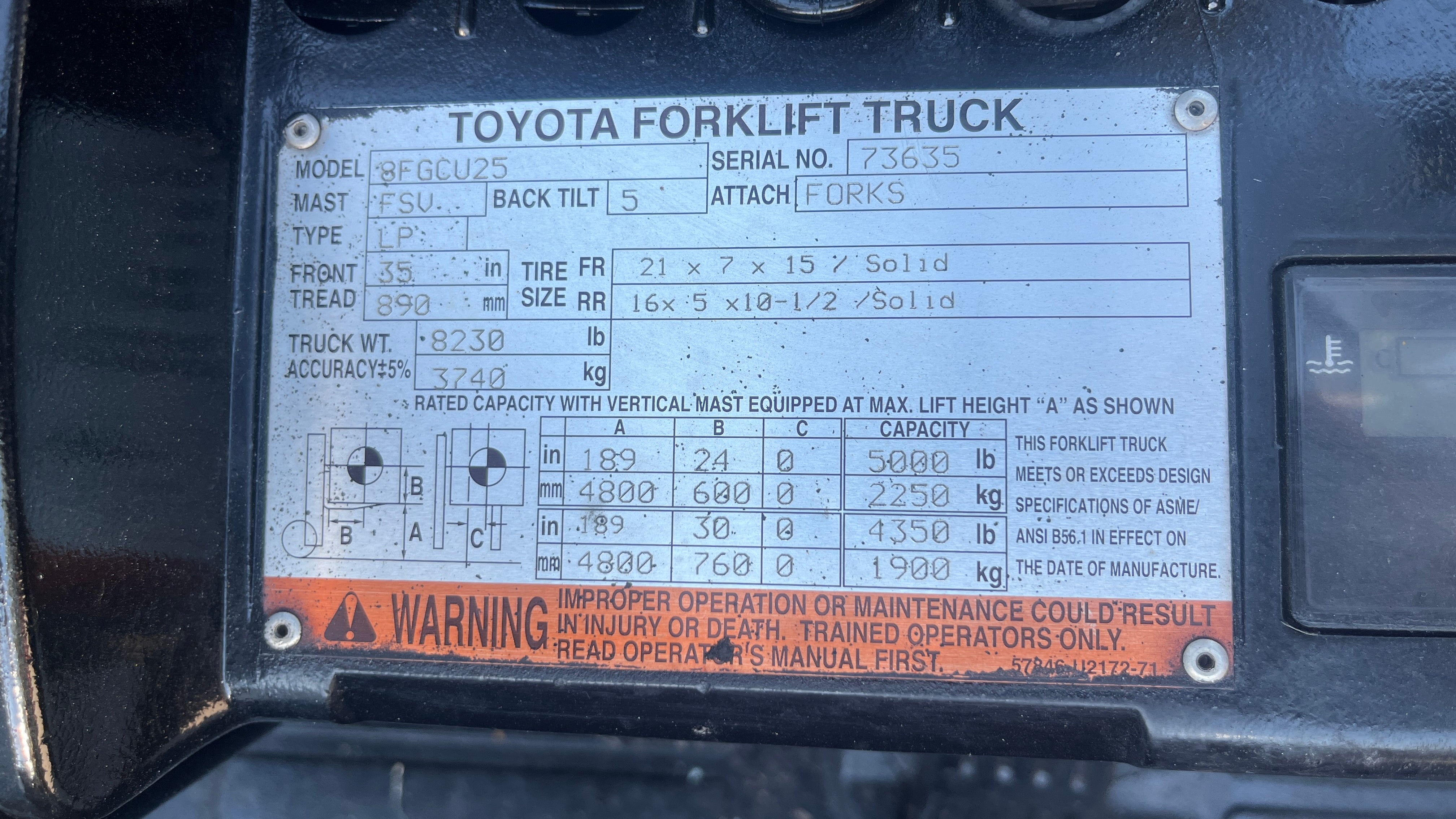 2016 Toyota 8FGCU25 LPG 5000 lb. Forklift w/ Sideshift & Fork Positioner
