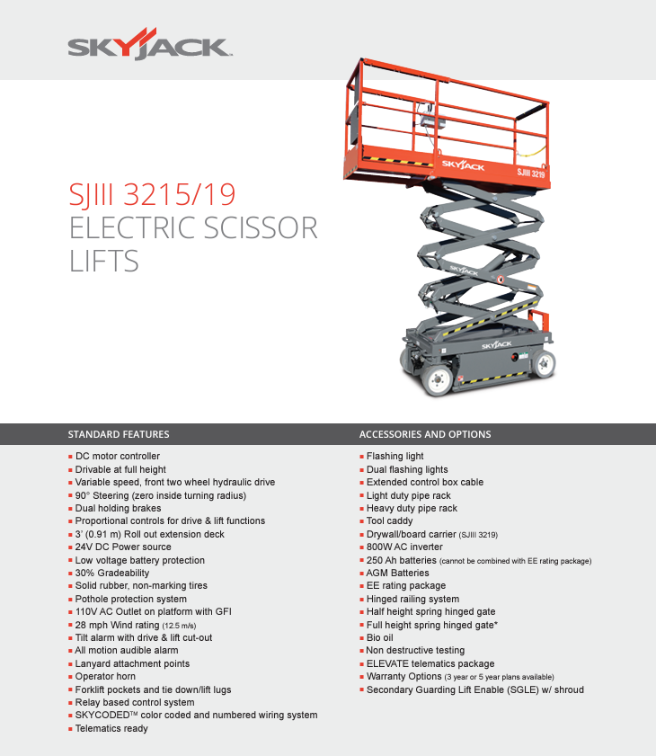 SkyJack SJIII-3219 19'H Electric Scissor Lift Manlift Aerial Work Platform